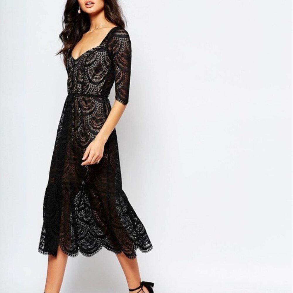 For Love & Lemons Black Lace Rosalita Midi Dress Size S Whimsigoth Scalloped